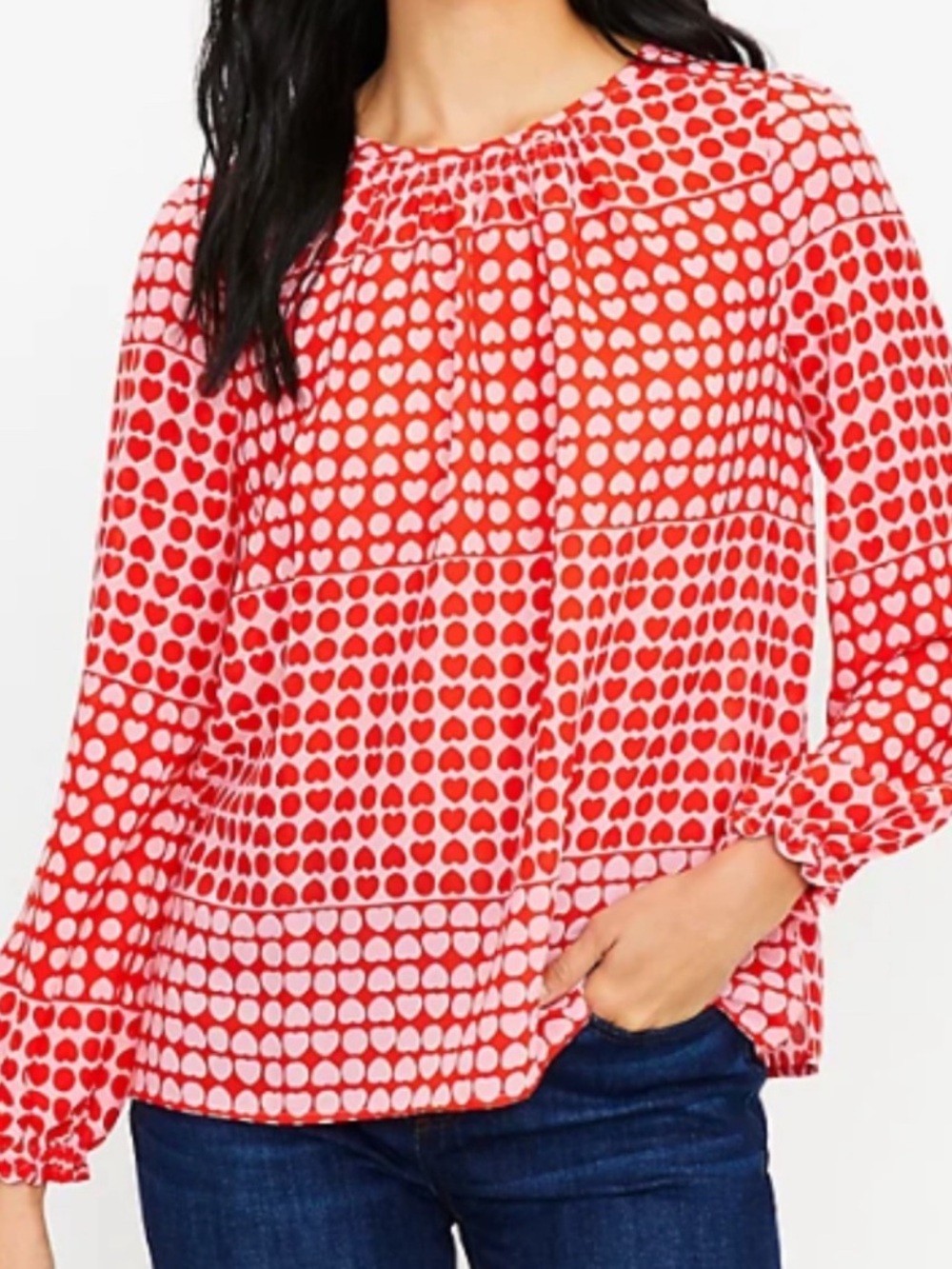 Loft Red Pink Heart Print Blouse Size Medium - Picture 2 of 6